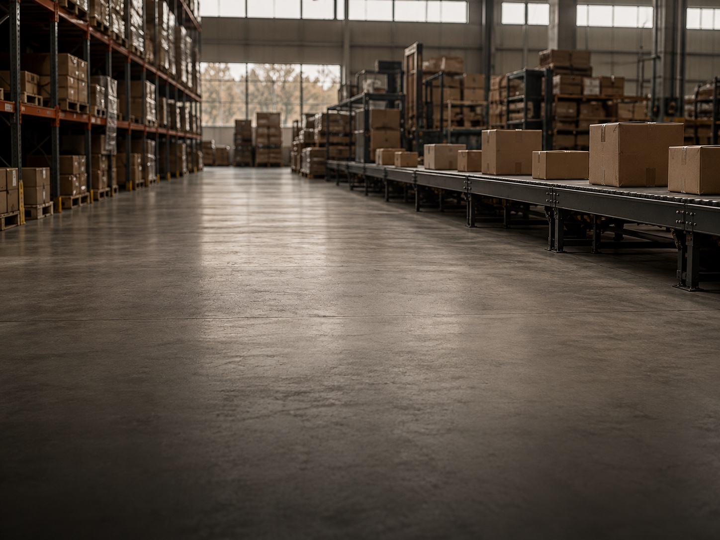 A fulfilment warehouse aisle with parcels on a conveyor